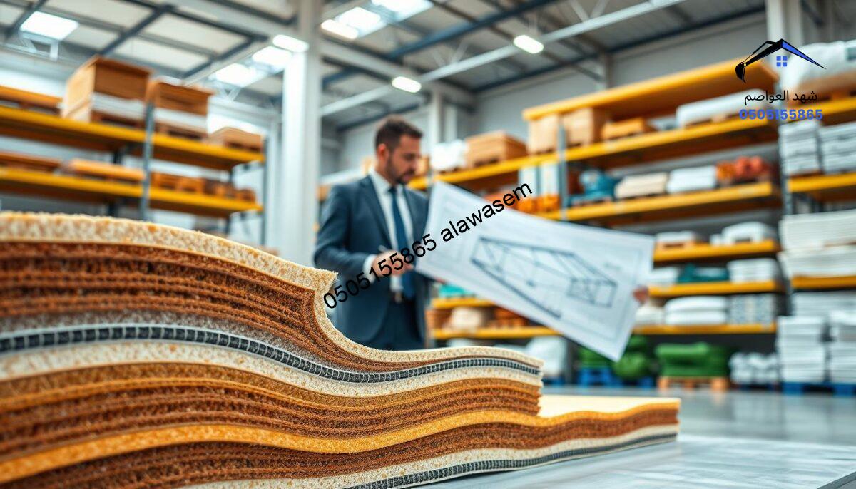 A professional workspace showcasing advanced thermal and waterproof insulation materials, specifically designed for PVC canopies. In the foreground, a close-up of insulated panels with visible layers of thermal and water-resistant materials, showcasing textures and colors. In the middle ground, a construction professional in business attire analyzing a detailed blueprint of a PVC canopy structure, highlighting quality assurance processes. The background features a well-lit, modern warehouse with shelves stocked with PVC materials and insulation products, creating a sense of efficiency and speed in execution. Soft, natural lighting enhances the workspace ambiance, emphasizing a clean and organized environment, conveying a mood of professionalism and expertise in the construction industry.