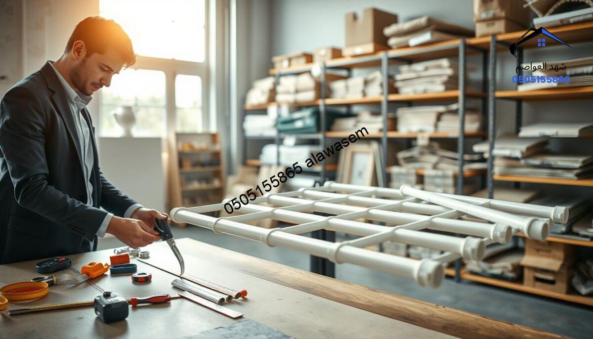A professional workspace showcasing the process of assembling PVC canopies. In the foreground, a focused individual in smart casual attire is carefully measuring and cutting sturdy PVC material, surrounded by tools like a measuring tape, scissors, and connectors. The middle layer features a partially assembled canopy frame, emphasizing the precision of the construction. In the background, well-organized shelves display various finished PVC canopy designs, hinting at a broad selection. Bright, natural lighting filters through large windows, creating an inviting atmosphere, while a slight depth of field enhances the focus on the foreground activity. The overall mood reflects professionalism and craftsmanship, highlighting the dedication to quality in the assembly process.