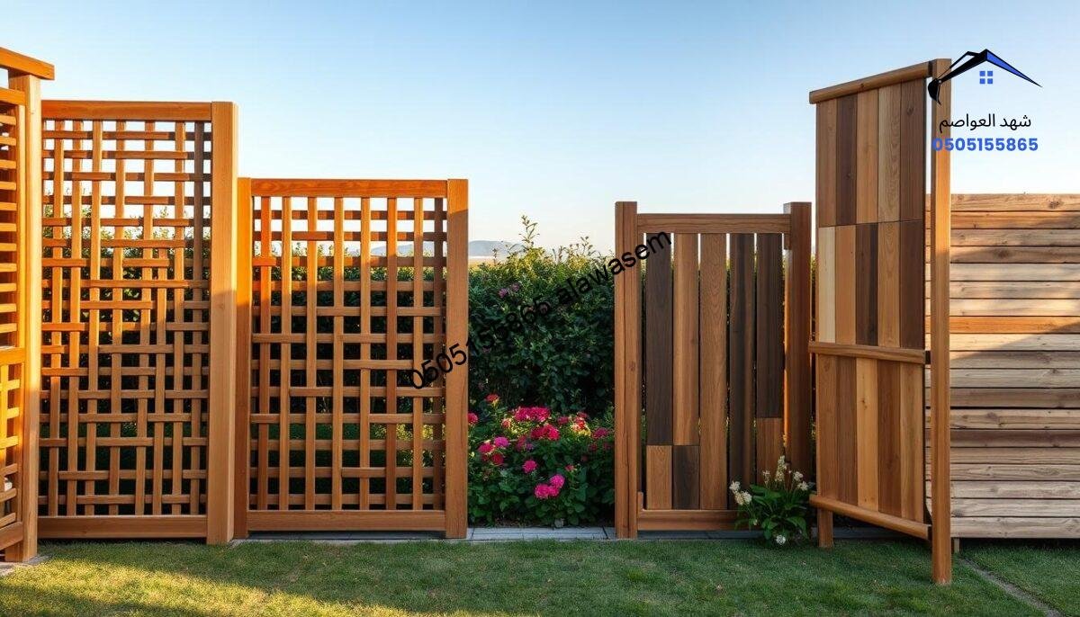 A scene showcasing various wooden barriers (سواتر خشبية) in a well-maintained outdoor setting, emphasizing their construction and aesthetic appeal. In the foreground, several styles of wooden screens, including lattice and solid designs, are displayed with rich textures and natural finishes. The middle ground features a lush garden with vibrant flowers and greenery, enhancing the rustic charm of the barriers. In the background, a serene view of a clear blue sky adds depth to the scene, highlighting the versatility of wooden barriers for outdoor spaces. The lighting is warm and inviting, creating a tranquil atmosphere. The angle captures a slightly elevated perspective, providing clarity on the craftsmanship of the wooden structures without any text or markings, focusing solely on the beauty and practicality of wooden barriers.