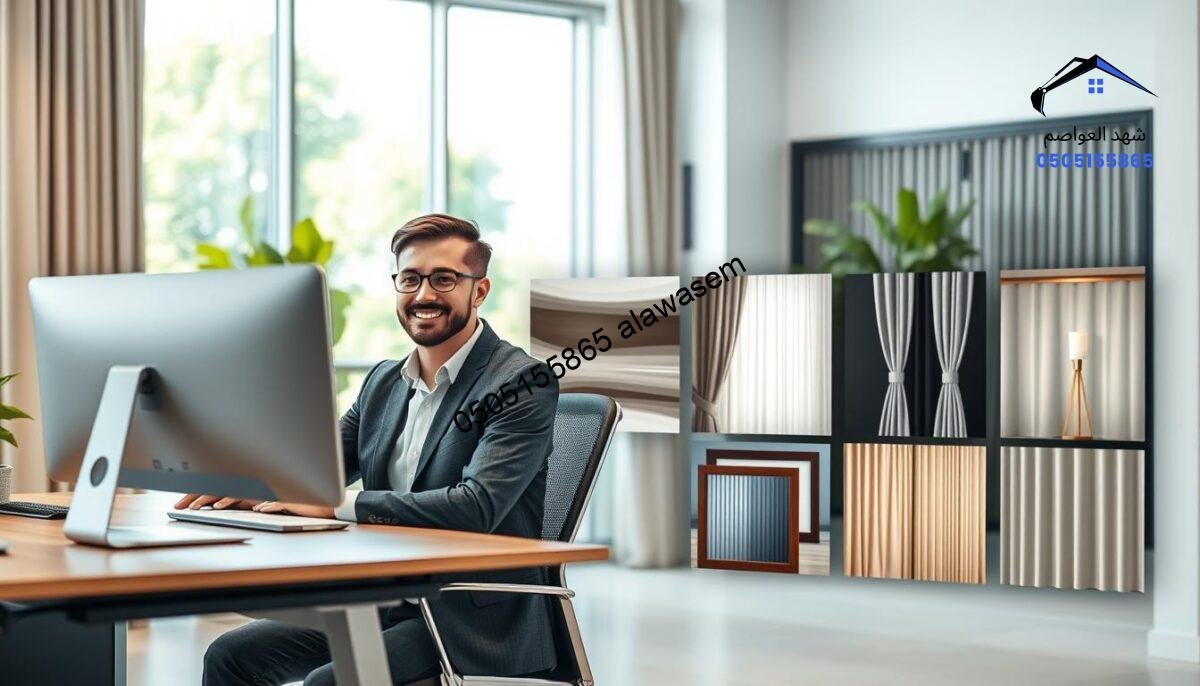 A serene and inviting office environment designed for communication, featuring a modern desk with a sleek computer and a stylish chair. In the foreground, a friendly and professional individual dressed in business attire is seen engaging in a conversation, highlighting the theme of "تواصل معنا". In the middle ground, various representations of home and villa privacy solutions, such as elegant curtains and stylish screens, are subtly displayed, hinting at the article's theme. The background consists of soft-focused greenery and a well-lit window that lets natural light flood the room, creating a warm and welcoming atmosphere. The lighting is bright and even, emphasizing a sense of openness and accessibility. Captured with a wide-angle lens, this image conveys professionalism and approachability without any text or distractions.