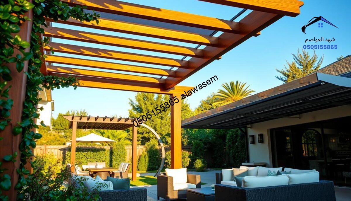 A serene backyard scene showcasing elegant custom pergolas and structures, designed for residential shade and aesthetic appeal. In the foreground, a beautifully crafted wooden pergola adorned with climbing plants creates a cozy nook. The middle ground features stylish metal and fabric awnings, offering modern design contrast, while plush outdoor furniture invites relaxation underneath. The background includes lush greenery and a clear blue sky, enhancing the tranquil atmosphere. Golden hour lighting bathes the scene in warm hues, capturing soft shadows and highlights. The image should evoke a sense of comfort and sophistication, illustrating ideal outdoor living spaces. Focus on creating a harmonious blend of nature and architecture without any human presence or textual elements.