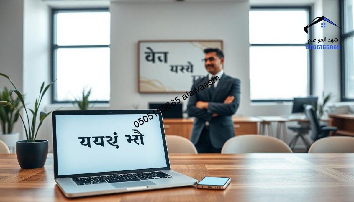 A serene office environment with a modern aesthetic, featuring a sleek wooden desk with a laptop and a smartphone displaying the text "تواصل معنا" in an elegant font. In the foreground, a confident business professional, dressed in formal attire, is engaging in a conversation, demonstrating a notion of connectivity and outreach. In the middle ground, a wall adorned with stylish, subtle art reflecting the themes of "مظلات" and "سواتر" creates a cohesive atmosphere. The background includes large windows allowing soft, natural light to flood the space, enhancing the inviting atmosphere. The overall mood is professional and approachable, inviting potential clients to reach out and connect, reinforcing the theme of communication in a modern business setting.