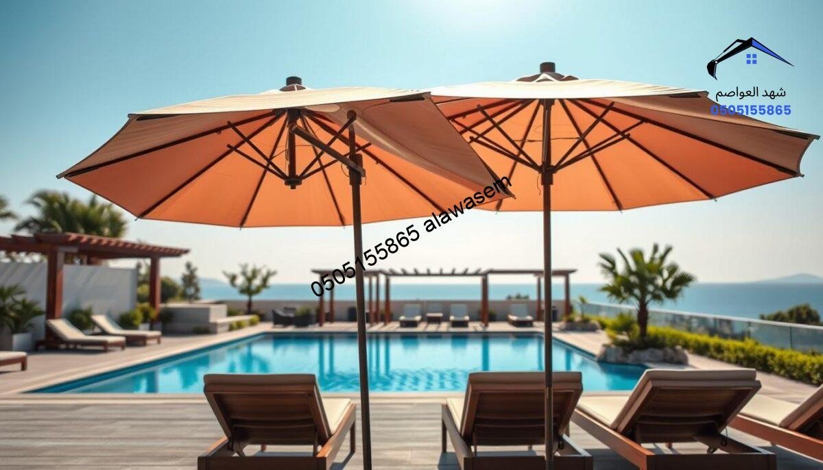 A serene outdoor pool setting featuring elegant PVC fabric umbrellas, showcasing high-quality Korean-German craftsmanship with a weight of 1100 grams. In the foreground, the umbrellas are opened, displaying their vibrant colors and intricate designs, harmonizing with plush lounge chairs positioned beside the sparkling pool. In the middle ground, lush greenery and stylish pergolas complement the scene, creating a modern oasis atmosphere. The background features a clear blue sky with soft, warm sunlight illuminating the scene, enhancing the inviting feel. A shallow depth of field captures the umbrellas in focus, blurring the pool slightly to emphasize their design. The overall mood is tranquil and luxurious, perfect for relaxation.