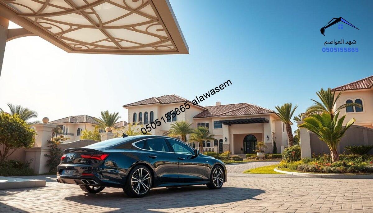 A serene outdoor scene featuring elegant car canopies and luxurious villas, set in a sunlit Riyadh neighborhood. In the foreground, showcase a sleek car parked under a stylish, modern car canopy with intricate details that highlight its craftsmanship. In the middle ground, include a beautiful villa with Spanish tile roofing, surrounded by well-tended gardens, showcasing the seamless integration of architecture and nature. The background should feature a clear blue sky, casting soft, warm light that enhances the idyllic atmosphere. Emphasize the luxurious living environment, conveying a sense of comfort and tranquility, ideal for a sophisticated residential area. The image should maintain a professional and upscale vibe, free of any distractions or text overlays.
