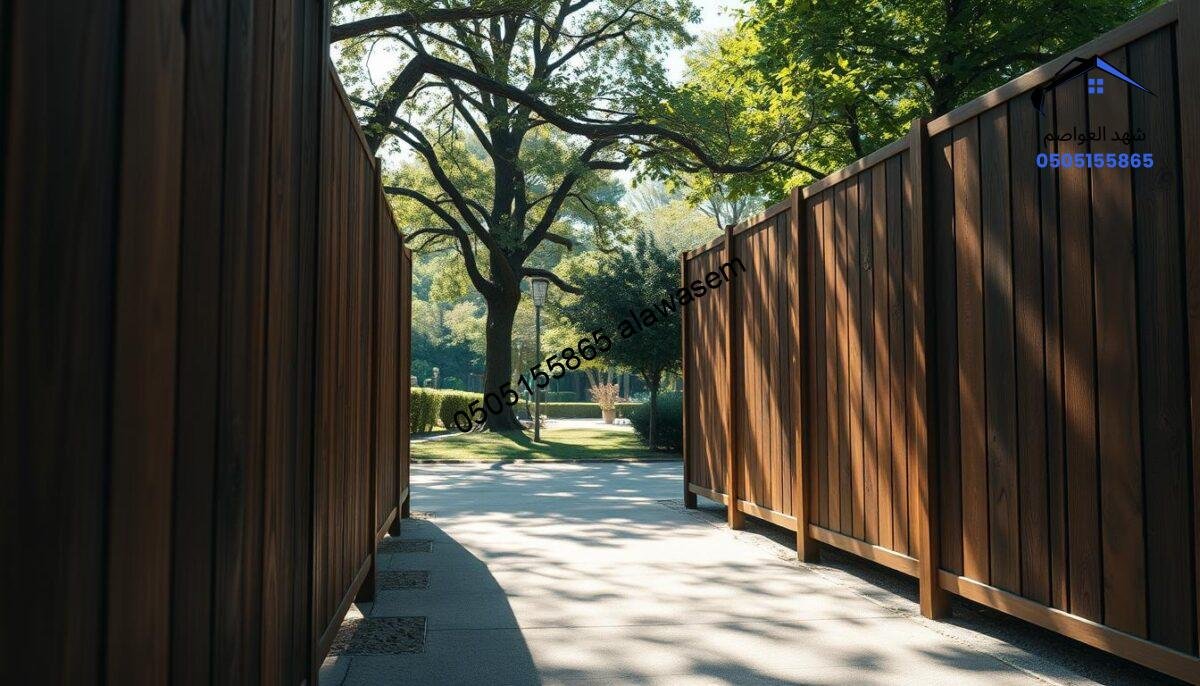 A serene outdoor scene featuring wooden barriers (سواتر خشبية) that blend harmoniously with nature. In the foreground, detailed and textured wooden panels, showcasing rich grains and natural finishes, line a pathway. The middle ground includes a softly lit park area, where the shadows of the wooden barriers create interesting patterns on the ground. In the background, lush greenery and trees provide a tranquil ambiance, while soft sunlight filters through the branches, creating a warm glow. The atmosphere exudes calmness and subtle elegance, inviting viewers to appreciate both the craftsmanship of the wooden barriers and the surrounding nature. The angle is slightly low, capturing the height of the panels against the serene backdrop, and the overall lighting is warm and inviting.