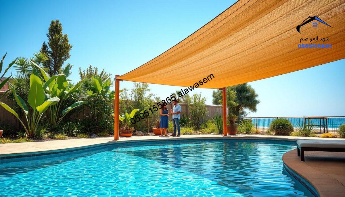 A serene outdoor scene showcasing sustainable materials used in pool shade structures. In the foreground, depict a beautifully designed pool area featuring eco-friendly shade canopies crafted from bamboo and recycled fabrics, casting soft shadows over the sparkling blue water. In the middle ground, include lush greenery and native plants that enhance the natural environment, while a couple of professionals in modest casual clothing discuss eco-friendly design strategies. In the background, a clear blue sky complements the calming atmosphere. Use natural lighting to create a warm, inviting mood, highlighting the textures of the materials and the harmony between nature and human innovation. Capture this scene with a wide-angle lens to embrace a spacious feel.