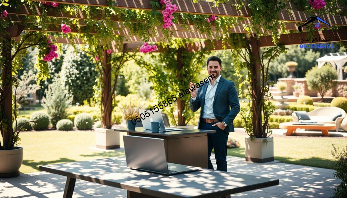 A serene outdoor setting featuring a beautifully designed pergola adorned with climbing plants and flowers, casting soft shadows on the ground. In the foreground, a professional-looking business desk with a laptop is set up under the pergola. A welcoming atmosphere is created by gentle sunlight filtering through the leaves, adding a warm glow. In the middle ground, a friendly consultant in smart casual attire stands beside the desk, looking approachable and ready to assist, gesturing toward the viewer with an inviting smile. The background showcases a landscaped garden, enhancing the tranquil mood of the scene. The composition emphasizes connection and the opportunity for consultation, capturing the essence of engaging communication in a professional yet relaxed environment.