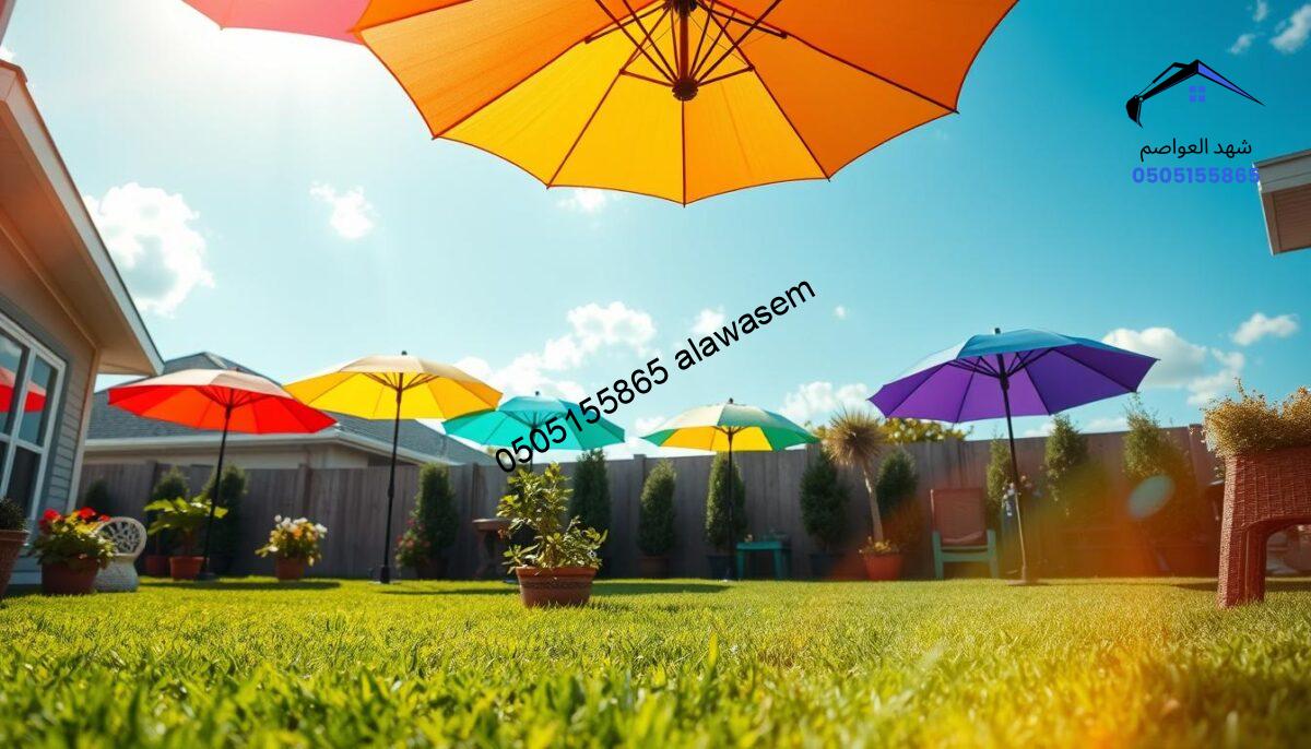 A serene outdoor setting featuring vibrant, colorful plastic umbrellas arranged in a residential backyard. In the foreground, a neatly trimmed lawn dotted with a few potted plants, creating a cozy outdoor space. The middle ground showcases a variety of plastic umbrellas, each with unique colors and patterns, elegantly opened to provide shade. In the background, a clear blue sky with soft, fluffy clouds enhances the relaxed atmosphere. The scene is bathed in warm, natural sunlight, casting gentle shadows on the grass, while a subtle lens flare adds a touch of warmth to the image. The overall mood is inviting and cheerful, perfect for showcasing home decorative solutions.
