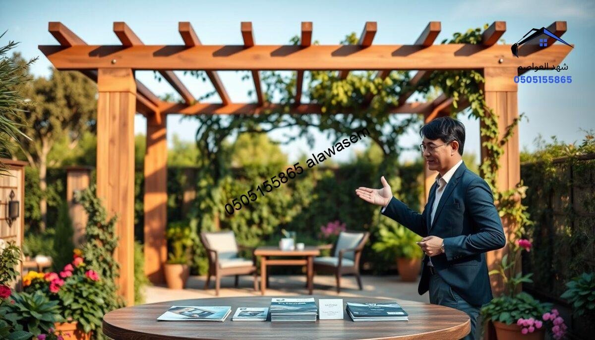 A serene outdoor setting showcasing a beautiful wooden pergola, designed in a modern style, surrounded by lush greenery and colorful flowers. In the foreground, a well-dressed professional is standing next to a table with brochures and business cards, invitingly gesturing towards the pergola. The middle ground features the pergola elegantly adorned with climbing vines and soft lighting, creating a warm and welcoming atmosphere. The background has a clear blue sky, enhancing the peacefulness of the scene. The overall mood should convey professionalism and approachability, emphasizing the importance of connection and communication. Use soft, natural lighting to highlight the textures of the wood and foliage, shot from a slightly elevated angle to capture the entire arrangement.
