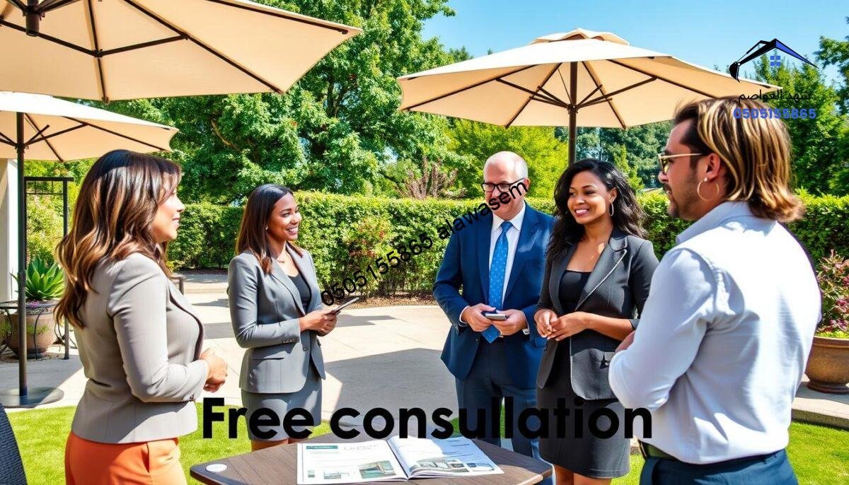 A serene outdoor setting showcasing a beautifully designed backyard with elegant patio umbrellas providing shade. In the foreground, a diverse group of three people, dressed in professional business attire, are engaged in a discussion, highlighting the theme of a "free consultation." In the middle, a well-set table with brochures and design plans for home awnings is visible. The background features lush greenery and a clear blue sky, casting soft natural light that creates a warm and inviting atmosphere. The angle is slightly elevated to capture both the consultation and the tranquil environment, emphasizing the focus on home enhancement and personal touch.