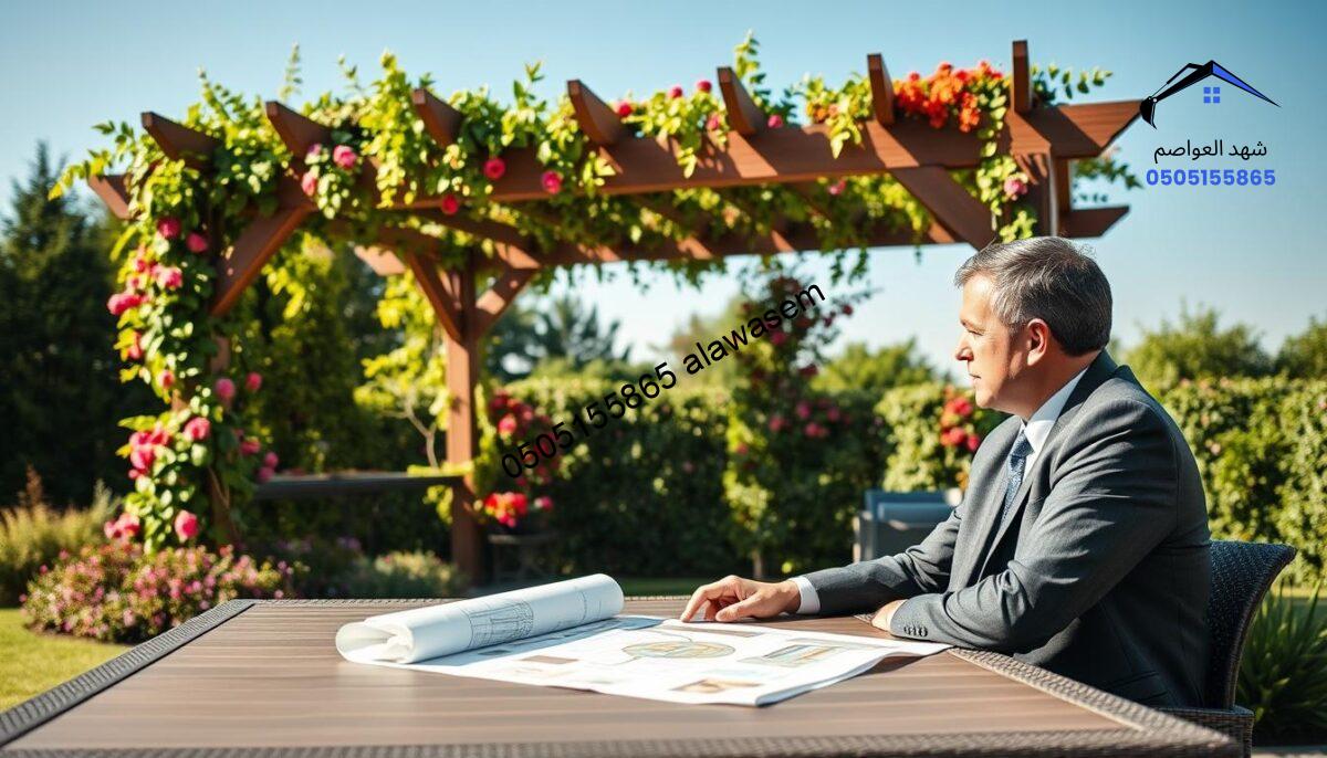 A serene outdoor setting showcasing a beautifully designed pergola surrounded by lush greenery. In the foreground, a professional consultant dressed in smart business attire is engaged in a thoughtful discussion with a homeowner. They are seated at a stylish outdoor table, with blueprints and design samples spread out between them. The middle ground features fresh, vibrant colors of flowers and climbing plants decorating the pergola, which allows soft, dappled sunlight to filter through the structure, creating an inviting atmosphere. In the background, a clear blue sky enhances the overall tranquility of the scene. The lighting is warm and soft, suggesting an afternoon consultation. The mood is professional yet friendly, emphasizing the importance of free consultations in enhancing outdoor spaces.
