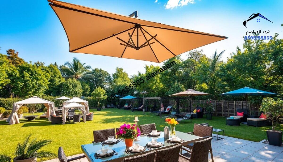 A serene outdoor setting showcasing the importance of selecting the right canopies or parasols for a stylish patio. In the foreground, a beautifully designed, contemporary canopy providing shade over a stylish table and chairs, adorned with elegant tableware and vibrant potted plants. The middle ground features a variety of canopies in different colors and styles, highlighting their designs, textures, and usability, positioned in a spacious garden. In the background, lush greenery and a clear blue sky create a peaceful atmosphere, illuminated by warm sunlight filtering through the trees. The scene conveys a sense of relaxation and sophistication, emphasizing the balance between functionality and aesthetics in outdoor spaces.