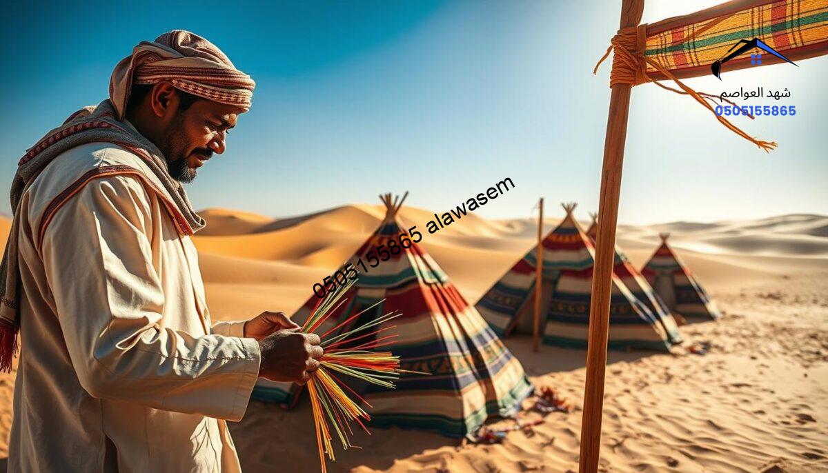 A skilled artisan proficiently assembling traditional Bedouin tents, known as "بيوت الشعر," in a sunlit desert landscape. In the foreground, the artisan, dressed in traditional attire, is carefully weaving colorful strands into the tent's structure. The middle ground showcases partially assembled tents, highlighting their intricate patterns and textures. In the background, vast sand dunes shimmer under the midday sun, with a clear blue sky enhancing the tranquil yet vibrant atmosphere. The lighting is warm and natural, casting soft shadows that emphasize the details of the fabric and craftsmanship. A sense of pride and tradition permeates the scene, reflecting the cultural significance of these tents. No text or overlays are present.