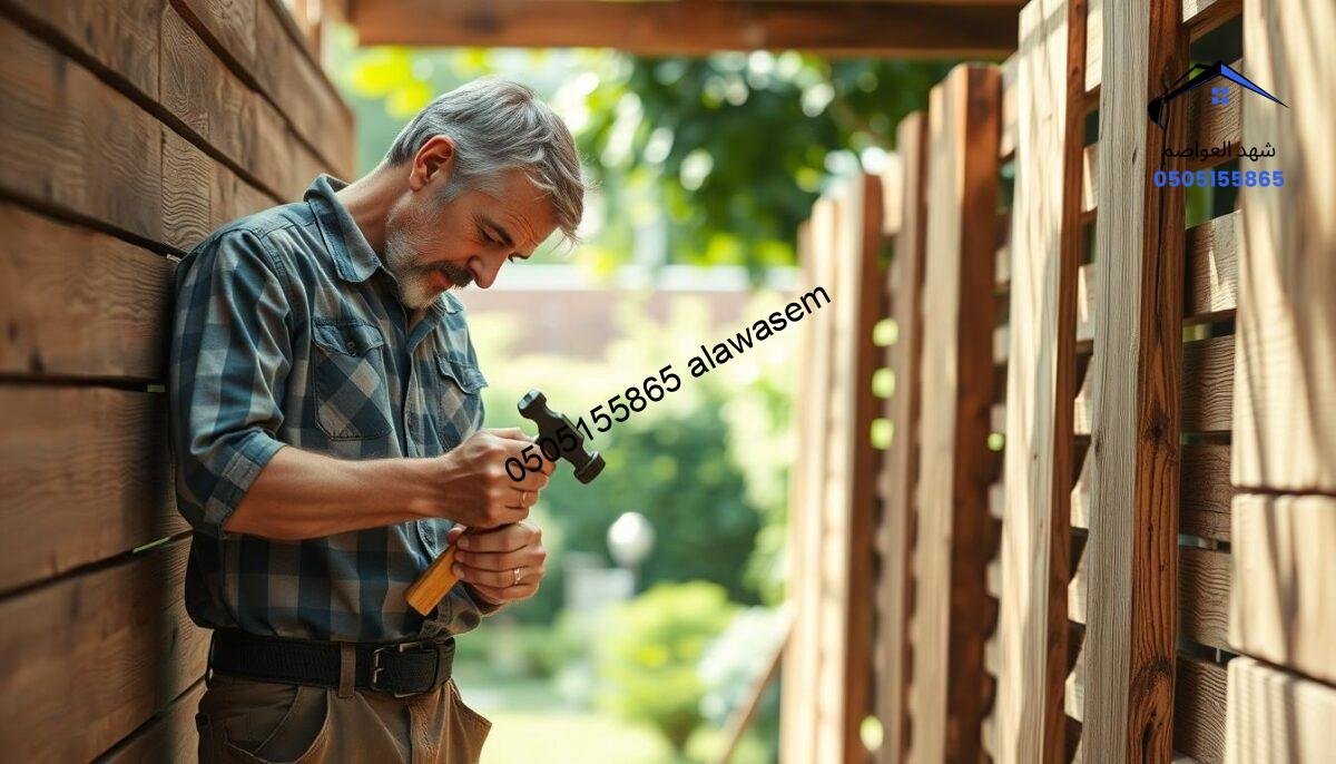 A skilled carpenter performing maintenance on wooden barriers in a sunlit outdoor setting. In the foreground, the carpenter, dressed in modest work attire, is focused on repairing a wooden screen, using tools like a hammer and nails. His concentration is evident as he inspects the structure. The middle layer features partially finished wooden screens showcasing various textures and grain patterns of the wood. In the background, a blurred garden area suggests a serene outdoor ambiance with greenery and soft natural lighting filtering through. The scene conveys a calm and industrious atmosphere, emphasizing the care and craftsmanship involved in maintaining wooden barriers. The angle captures both the craftsmanship and the serene environment, enhancing the connection between the worker and his task.