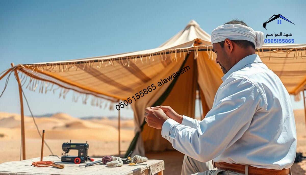 A skilled technician in professional attire performs maintenance on a traditional fabric tent, showcasing 'صيانة بيوت الشعر'. The scene captures the technician on the foreground, focused on inspecting and repairing the intricate weaving and structure of the tent in bright daylight. The middle ground features tools and materials used for upkeep, such as a sewing kit, ropes, and pegs. In the background, a scenic desert landscape complements the tent, with soft dunes and contrasting blue sky. The atmosphere is industrious but serene, highlighting craftsmanship and dedication in maintaining quality tents. The lighting is natural, bringing out the vibrant colors of the tent fabric and surrounding environment.