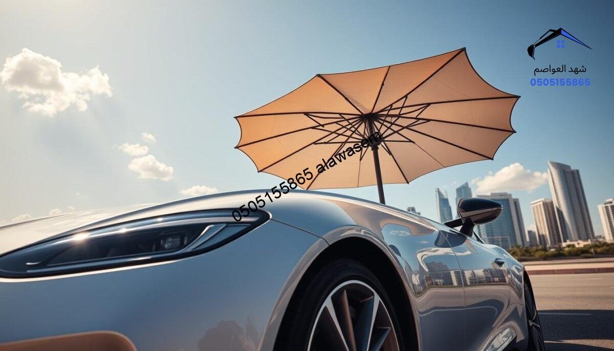 A sleek, modern car parked under a stylish and well-designed car umbrella in a vibrant Riyadh setting. In the foreground, the elegant curves of the car are highlighted by soft sunlight, showcasing the pristine paintwork. The middle ground features the intricately designed car umbrella, providing shade and protection, with its fabric gently billowing in the light breeze. In the background, a clear blue sky with a few fluffy clouds complements the urban Riyadh skyline, hinting at innovation and modernity. The mood is professional and inviting, emphasizing quality and reliability. The scene is shot from a low angle to create a dramatic perspective, using natural lighting to enhance the details and colors of the car and umbrella.