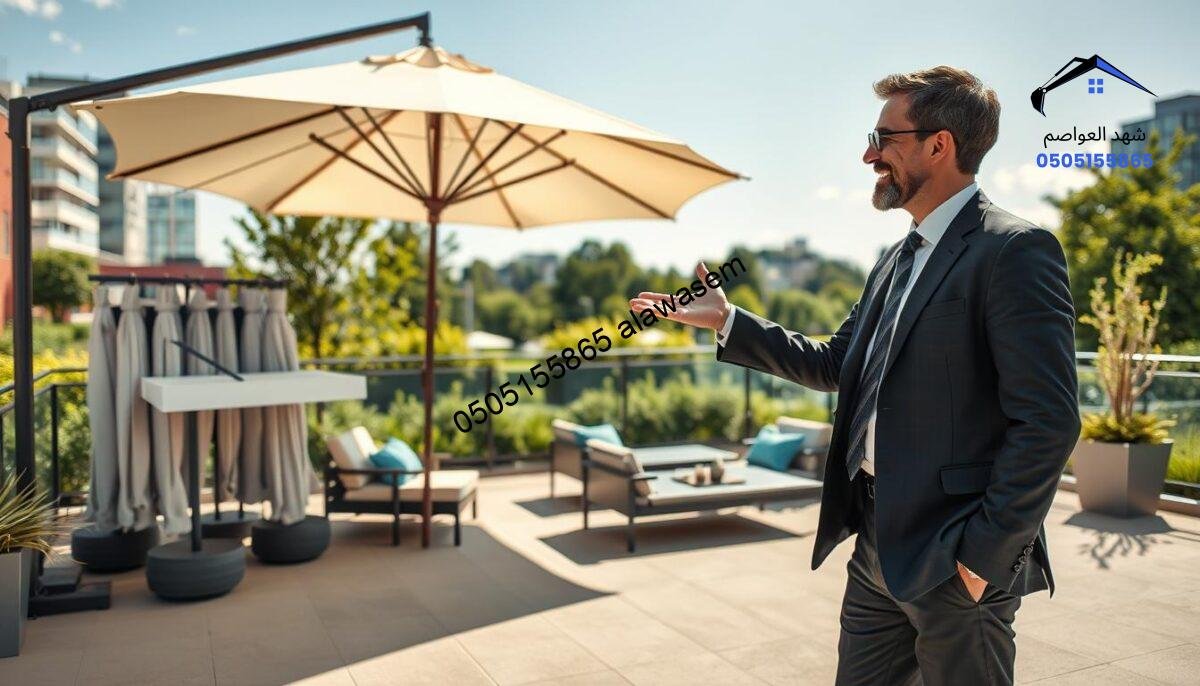 A sleek, modern outdoor consultation scene featuring a professional consultant discussing outdoor shading solutions with a client. In the foreground, a well-dressed consultant in business attire gestures towards a vibrant display of outdoor umbrellas and shade structures neatly arranged on a terrace. The middle ground showcases a comfortable seating area with stylish lounge furniture beneath a large, elegantly designed umbrella, casting soft shadows across the space. The background consists of a sunny urban landscape with greenery and blue skies, creating an inviting and relaxed atmosphere. The lighting is bright and cheerful, illuminating the scene to convey a sense of professionalism and optimism. The focus is sharp, emphasizing the products and the interaction between the consultant and client, while maintaining a warm and welcoming tone.