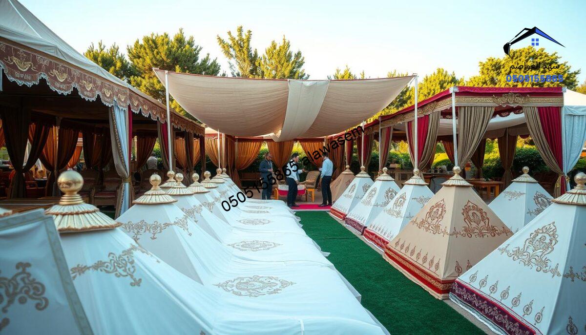 A sophisticated outdoor showroom featuring a variety of high-quality traditional and royal tents, showcasing the services of "خدمات شركة مظلات سواتر شهد العواصم." In the foreground, neatly arranged royal tents with intricate designs and vibrant colors, demonstrating their craftsmanship. In the middle ground, skilled workers in professional attire actively engaging in tent installation, creating a dynamic and professional atmosphere. The background features a clear blue sky and lush greenery, enhancing the inviting and serene setting. Soft, natural lighting highlights the textures of the tents and the surrounding environment. The overall mood is industrious yet welcoming, reflecting a commitment to quality and customer service in tent and canopy solutions.