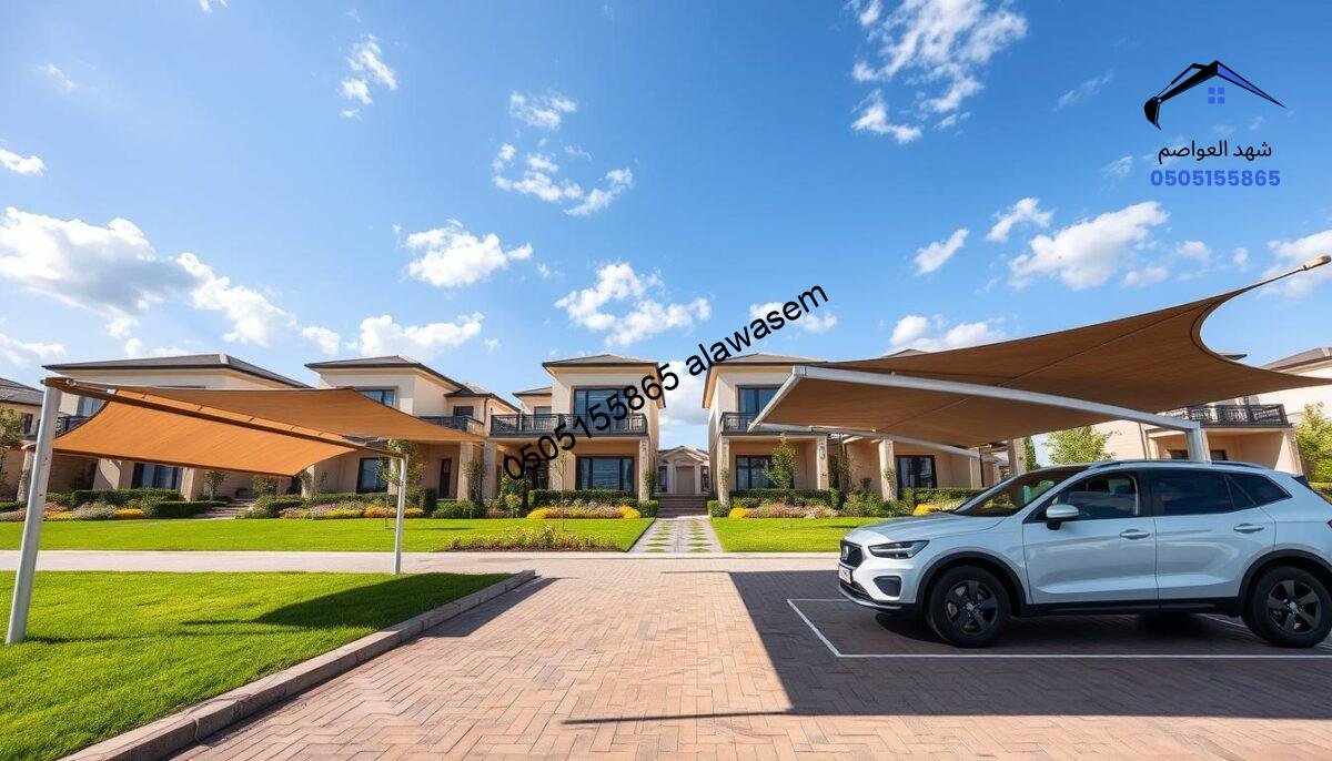 A spacious and sunny outdoor setting featuring elegant car canopies alongside attractive villas in a modern architectural style. In the foreground, showcase well-designed car shades made of durable, weather-resistant materials, offering ample protection for parked vehicles. In the middle, present a row of stylish villas with lush gardens, manicured lawns, and decorative pathways leading to each entrance. The background depicts a clear blue sky with soft, fluffy clouds, enhancing the inviting atmosphere. Use soft, natural lighting to create a warm and welcoming mood. The scene should convey a sense of comfort and elegance, appealing to those interested in integrated shading solutions for luxury homes and vehicles.