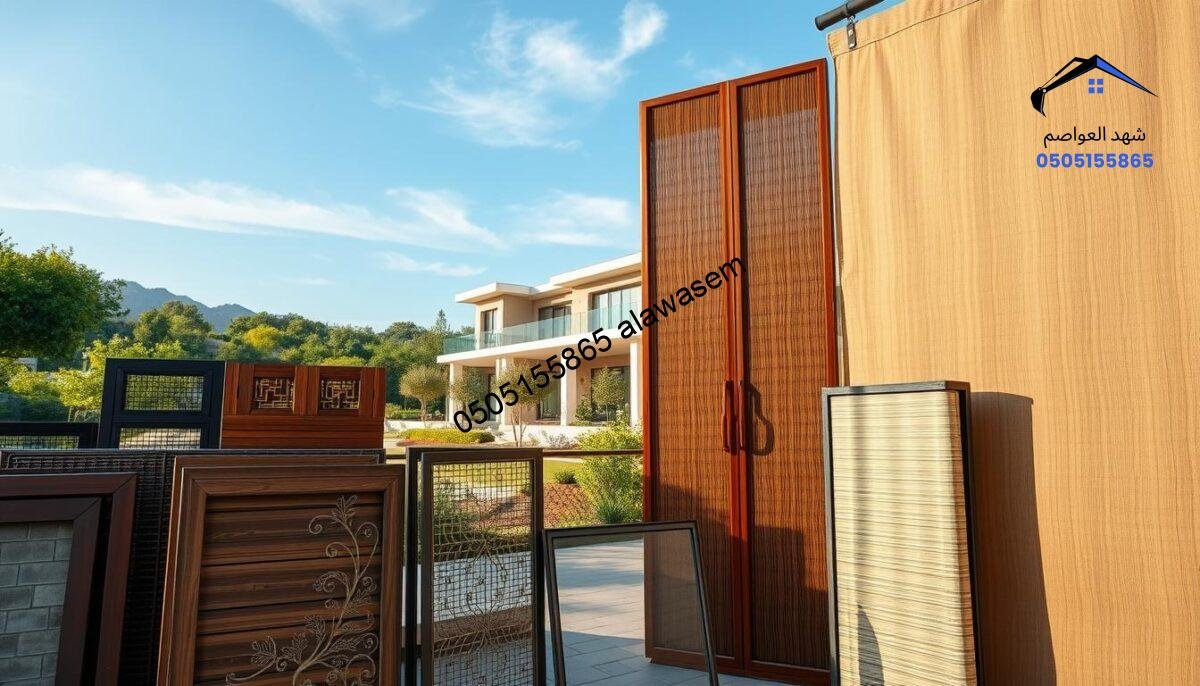 A stunning display of various types of villa screens ("سواتر فلل") arranged in an elegant outdoor setting. In the foreground, showcase detailed sections of wooden, metal, and fabric screens with intricate designs, emphasizing texture and craftsmanship. The middle ground features a beautifully landscaped villa with modern architecture, surrounded by lush greenery. In the background, a clear blue sky with soft, diffused sunlight creates a warm and inviting atmosphere. Use a slight tilt-shift lens effect to enhance focus on the screens, giving a professional and polished look. The overall mood should be serene and stylish, illustrating a sophisticated outdoor living space with an emphasis on the elegance and functionality of villa screens.