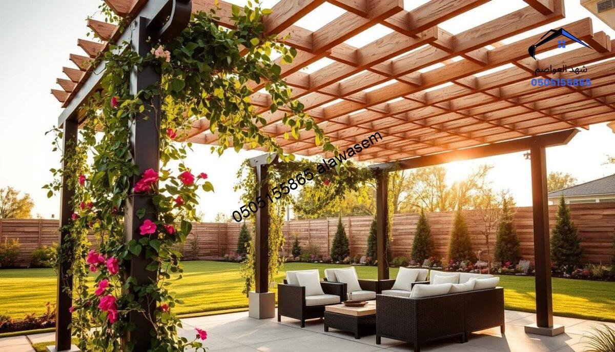 A stunning outdoor scene featuring a modern pergola made of iron, designed to resemble natural wood, showcasing its stylish and sturdy structure. In the foreground, the pergola is adorned with lush climbing plants and vibrant flowers, creating a harmonious blend of metal and nature. The middle ground reveals a cozy seating area beneath the pergola, complete with comfortable, neutral-toned outdoor furniture that invites relaxation. In the background, a landscaped garden with manicured grass and ornamental trees provides a tranquil setting. The image is bathed in warm, golden light, mimicking late afternoon sunlight, creating a serene and inviting atmosphere. Use a slightly elevated angle to capture the full beauty of the pergola and its surroundings, emphasizing its architectural features while maintaining a natural feel.