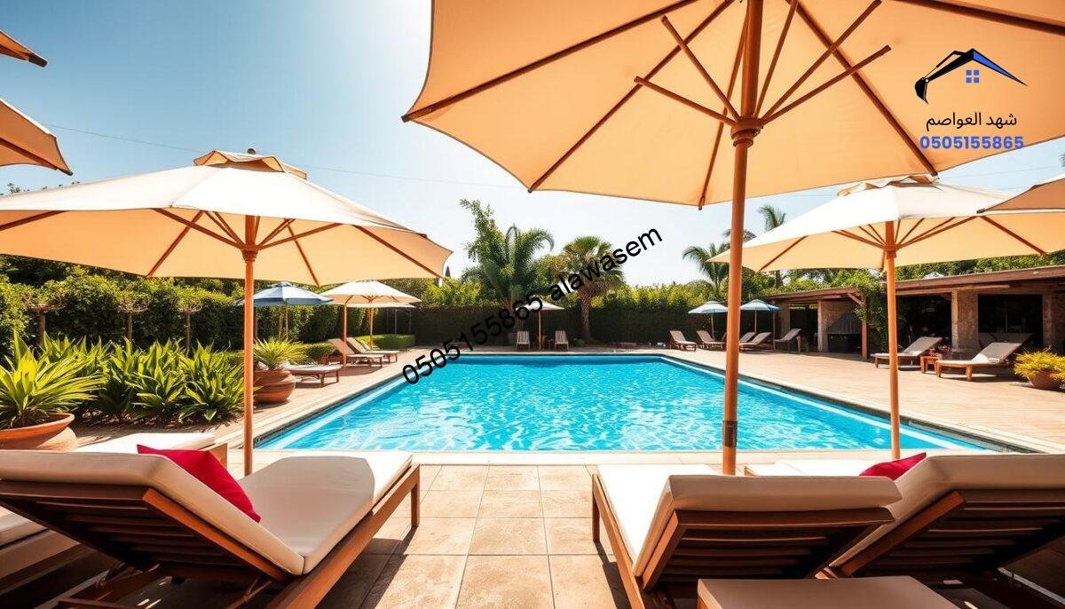 A sun-drenched outdoor swimming pool scene featuring elegantly designed pool umbrellas providing shade. In the foreground, soft lounge chairs with vibrant cushions are arranged beneath the large, brightly colored umbrellas, showcasing various styles and materials. The middle ground highlights a sparkling blue pool surrounded by lush greenery, indicating a tranquil environment perfect for relaxation. In the background, hints of a well-maintained garden and other outdoor spaces suggest diverse shade solutions. The scene is illuminated by warm, golden sunlight, creating a cheerful atmosphere. The camera angle is low, emphasizing the umbrellas and lounge area while capturing the serene ambiance of the space. The overall mood is inviting and refreshing, ideal for a luxurious summer retreat.