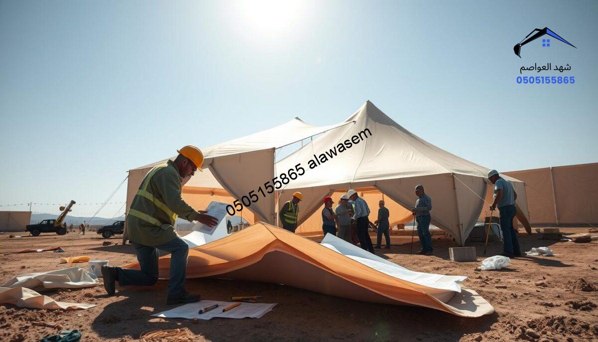 A sunlit construction site showcasing a skilled team of professionals implementing project plans for royal and regular tents. In the foreground, show two workers carefully assembling a luxurious tent, dressed in professional attire, utilizing high-quality materials. In the middle ground, capture additional workers collaborating on blueprints, with tools and fabric pieces scattered around, emphasizing an atmosphere of teamwork and precision. The background should feature a partially erected tent amidst a clear blue sky, symbolizing progress and expertise in execution. Use soft, natural lighting to create a warm and inviting atmosphere, with a shallow depth of field to focus on the diligent workers, enhancing the sense of detail and craftsmanship in their project execution.