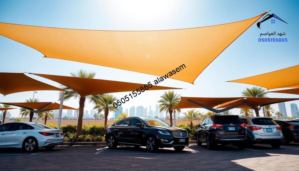 A sunlit parking area in Riyadh with sleek, modern car shades providing shelter for vehicles. In the foreground, a row of parked cars, including sedans and SUVs, is covered by large, stylish canopies. The middle ground features scattered palm trees and vibrant greenery, enhancing the desert city's charm. The background showcases a clear blue sky with a hint of distant skyscrapers representing Riyadh's skyline. The lighting is bright and warm, casting soft shadows on the pavement, emphasizing the functionality and design of the car umbrellas. The atmosphere feels welcoming and professional, ideal for highlighting car protection services in the area.