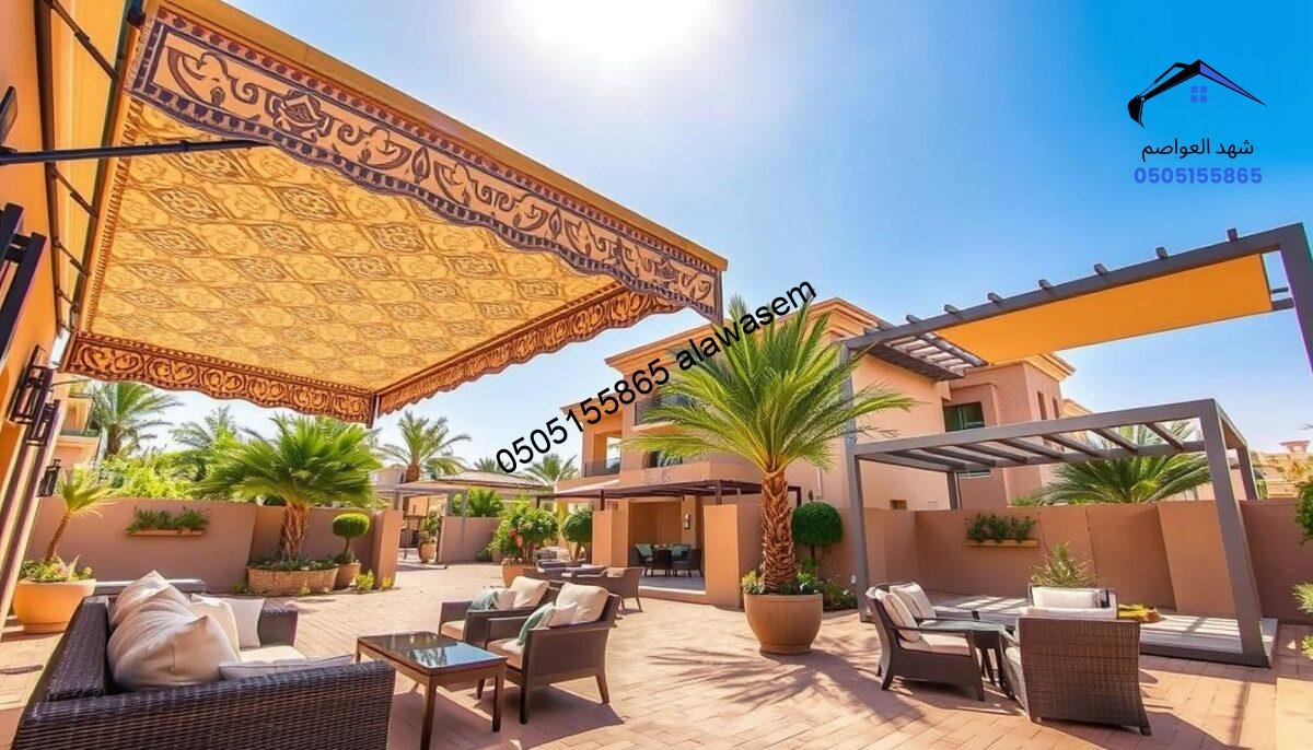 A sunny outdoor setting in Riyadh, featuring beautifully designed residential canopies for courtyards. In the foreground, showcase a stylish awning in a traditional Arabic style with elaborate patterns, providing shade over a cozy seating area with elegant furniture. In the middle ground, include multiple innovative canopy designs, blending modern and classic aesthetics, all adapted to the hot desert climate. The background should reveal a picturesque villa with lush greenery and palms, accentuating the residential atmosphere. Capture warm, natural lighting to highlight the textures of the canopies and surroundings, using a wide-angle lens to create depth. The overall mood is inviting and serene, illustrating a perfect blend of functionality and beauty for outdoor living in Riyadh.