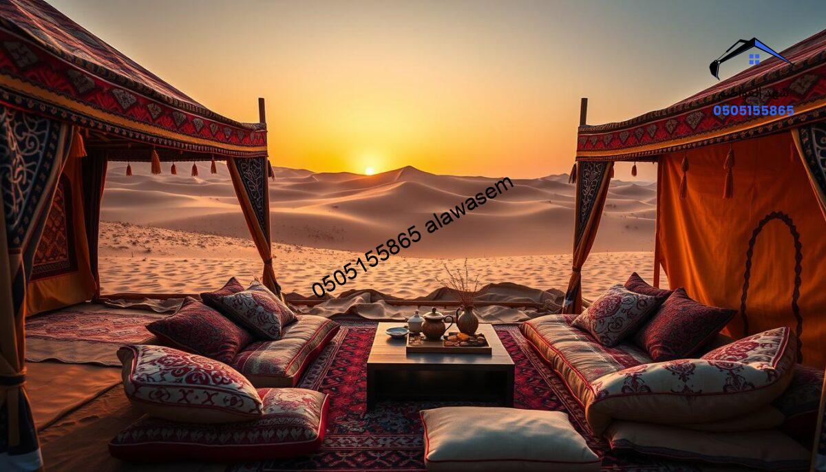 A traditional scene showcasing "بيوت شعر" set in a desert landscape during the golden hour, emphasizing warm hues of orange and yellow in the sky. In the foreground, vibrant, intricately designed Bedouin tents with patterned fabric and decorative ornaments. The middle ground features a cozy gathering area with cushions and a low table adorned with tea and traditional snacks, highlighting the warmth of hospitality. In the background, gently rolling sand dunes under a clear sky, capturing the essence of the desert environment. Soft, diffused lighting enhances the inviting atmosphere, creating a sense of serenity and tradition. The image should evoke a feeling of cultural richness and historical significance, without any text or overlays.
