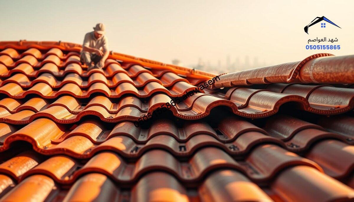 A vibrant and detailed image showcasing Spanish roof tiles (قرميد اسباني). In the foreground, feature a section of a beautifully structured roof adorned with glossy, terracotta-colored Spanish tiles, each tile exhibiting a textured finish with slight variances in hue. In the middle ground, include a professional installer, dressed in modest casual clothing and working with tools, carefully positioning the tiles, demonstrating craftsmanship. The background should depict a sunny Riyadh skyline, emphasizing a warm and inviting atmosphere. Soft sunlight enhances the scene, casting gentle shadows that highlight the curves and shapes of the tiles. The lens angle should provide a slightly elevated perspective, capturing both the intricate details of the tiles and the context of their installation in the urban environment. The overall mood should evoke a sense of quality and elegance in roof construction.