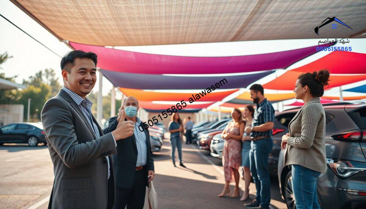 A vibrant and engaging scene illustrating "customer interaction" set in a parking lot under a colorful, inexpensive car shade structure. In the foreground, a friendly customer service representative in professional attire is warmly greeting a satisfied customer, showcasing a thumbs-up. In the middle ground, a diverse group of individuals, including a family and a couple, are admiring the various car shades, highlighting their features like durability and color variety. The background features several parked cars under the shades, creating a lively atmosphere with bright sunlight filtering through the fabric. The overall mood is welcoming and positive, with soft daylight illuminating the scene, creating a sense of trust and satisfaction in the service provided. A wide-angle shot captures the depth of the interaction and the appeal of the products.