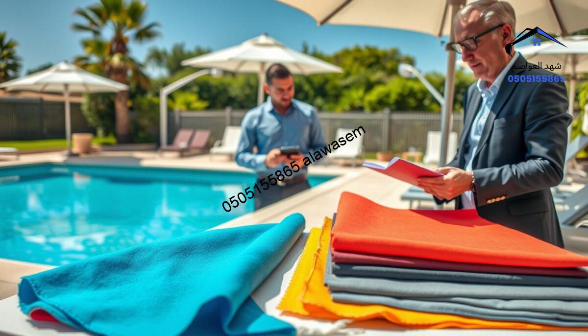 A vibrant and informative scene showcasing a selection of suitable materials for pool umbrellas. In the foreground, display colorful samples of fabric, such as UV-resistant polyester and waterproof canvas, arranged aesthetically on a table. The middle features an experienced professional, dressed in smart casual attire, carefully analyzing the materials with a notebook in hand. In the background, a sunny swimming pool area is visible, with a couple of elegantly designed pool umbrellas that demonstrate the durability and style of the materials being discussed. The lighting is bright and cheerful, capturing the essence of a warm day. The atmosphere is one of professionalism and aesthetics, emphasizing the importance of selecting the right materials for pool canopies.