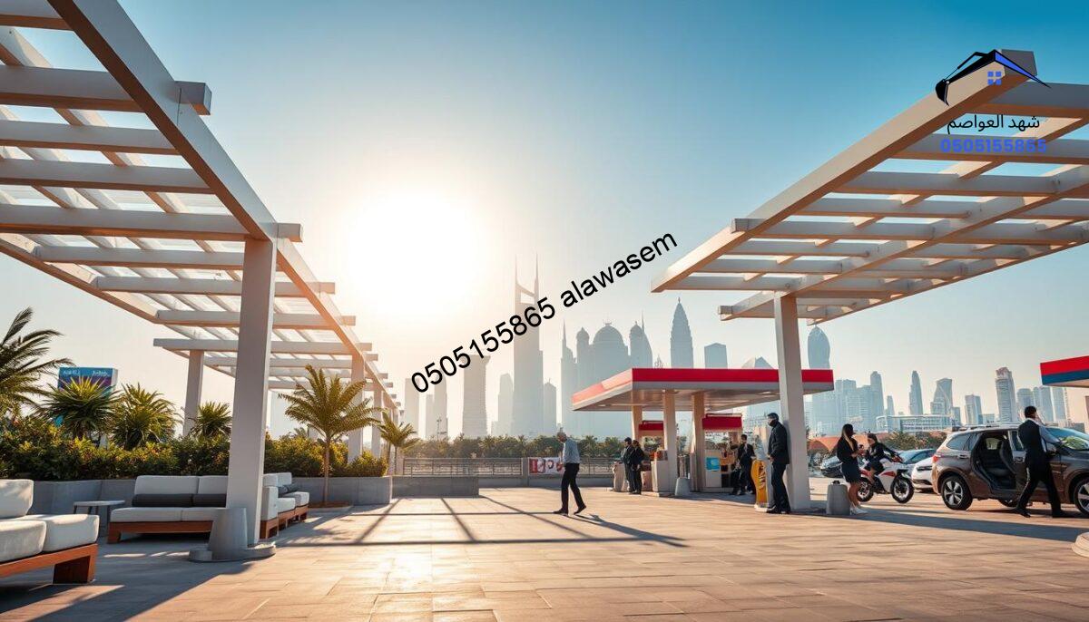 A vibrant and modern depiction of service areas in Riyadh, showcasing sleek, contemporary pergolas offering shade and comfort. In the foreground, focus on elegantly designed pergolas equipped with comfortable seating and lush greenery. The middle ground features bustling service stations with friendly, professional staff in smart attire attending to customers. The background showcases the iconic Riyadh skyline with its distinct architecture under a clear blue sky, creating a lively urban atmosphere. Soft, warm sunlight filters through the pergolas, casting playful shadows on the ground. The image conveys an inviting and professional mood, highlighting comfort and quality service in a dynamic city environment.