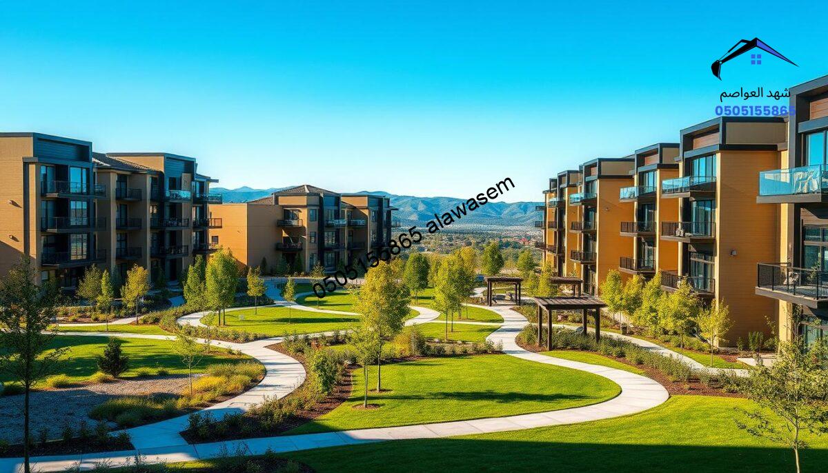 A vibrant and modern residential project showcasing innovative housing designs. In the foreground, depict a beautifully landscaped communal area with lush greenery and walking paths, inviting community gatherings. The middle ground features several elegantly styled multi-story residential buildings, characterized by large glass windows and balconies, reflecting contemporary architecture trends. The background reveals a panorama of rolling hills under a clear blue sky, adding depth to the scene. Use warm, natural lighting to enhance the inviting atmosphere of the project, with shadows casting softly on the ground. The image should evoke a sense of community and modern living, perfect for illustrating previous residential projects executed with attention to detail and design.