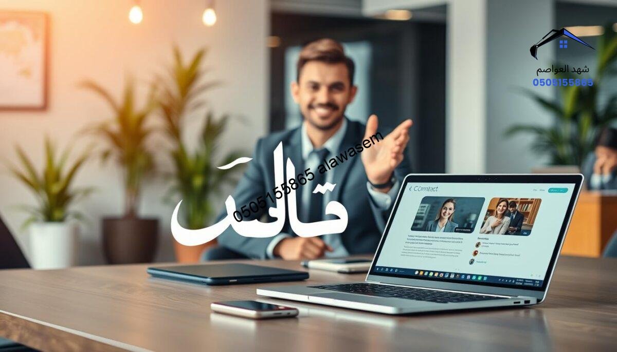 A vibrant, inviting image featuring an artistic interpretation of "تواصل معنا" prominently displayed in elegant calligraphy. In the foreground, a sleek, modern office desk with a high-quality smartphone and a stylish laptop open to a contact page, indicating communication. The middle of the image shows a friendly, professional individual dressed in business attire, sitting and gesturing towards the viewer, emphasizing approachability and readiness to assist. The background consists of a stylish office with soft, warm lighting that creates a welcoming atmosphere, with plants and contemporary decor enhancing the professional setting. Shot with a slight depth of field to focus on the foreground details, the overall mood conveys openness and professionalism, encouraging viewers to reach out.