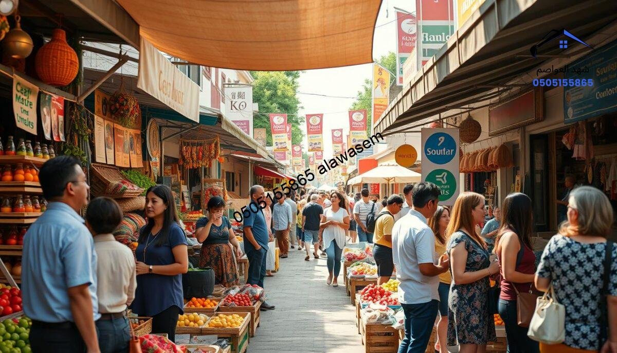A vibrant marketplace scene showcasing local trade. In the foreground, a diverse group of business owners, dressed in professional attire, are engaging with customers around colorful stalls filled with local products such as fresh produce, handmade crafts, and traditional goods. In the middle ground, banners and canopies provide shade, emphasizing a community-focused event. The background features a charming street lined with small businesses and lively interactions between shoppers and vendors. Warm, natural lighting casts a cheerful atmosphere, highlighting the vibrancy of the scene. The angle captures the energy of the marketplace, inviting viewers to celebrate and support local commerce.