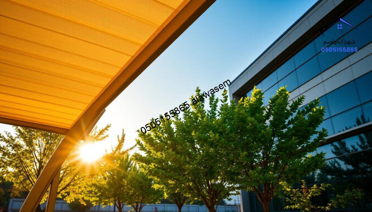 A vibrant, modern outdoor setting showcasing a beautifully designed PVC canopy with thermal insulation properties. In the foreground, the PVC structure is elegantly arched, capturing the sunlight, showcasing its sleek textures and robust design. In the middle ground, there are lush green trees and a clear blue sky, emphasizing a serene atmosphere. The background features a contemporary building, demonstrating the canopy in a real-world application. The lighting is warm and inviting, with golden hour rays illuminating the scene, creating a comfortable and welcoming mood. The angle captures both the canopy's functionality and aesthetic appeal, positioned to highlight its insulative properties without any people present. The overall composition conveys innovation and quality in thermal insulation solutions.