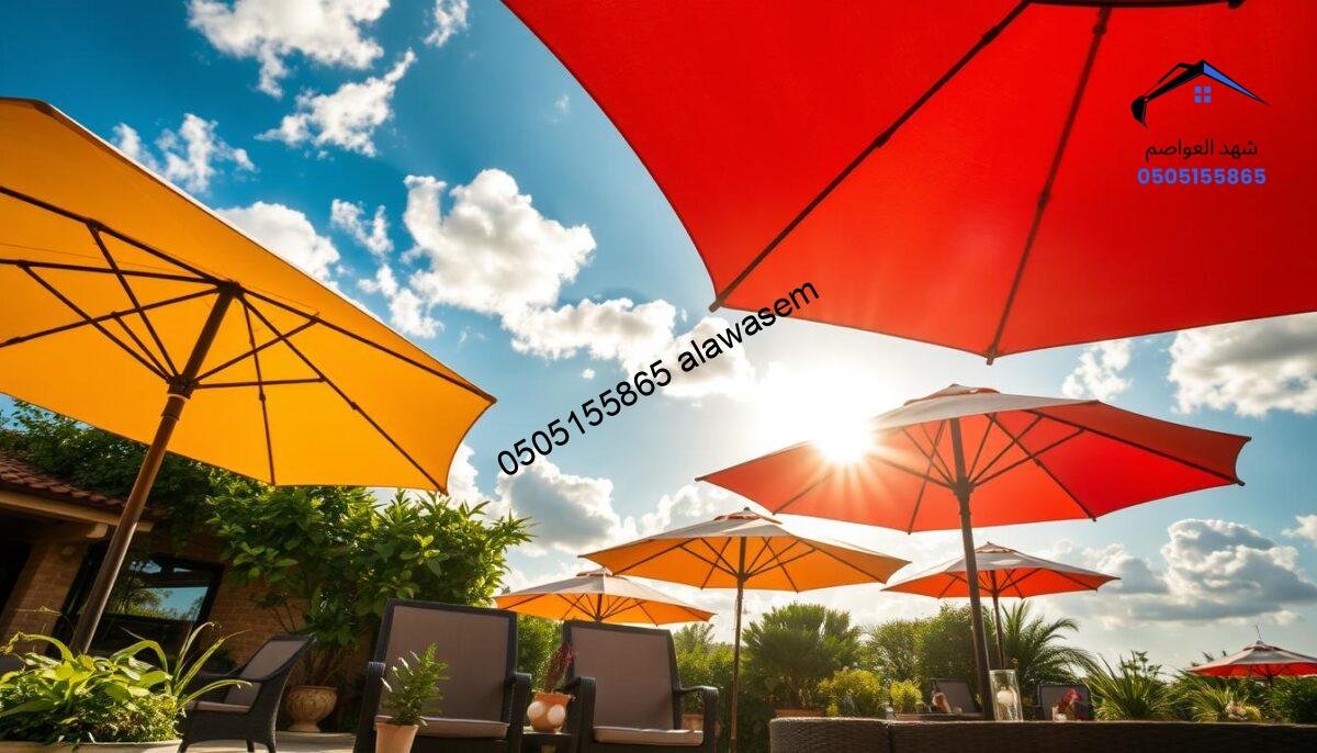 A vibrant outdoor scene capturing the essence of sun protection with stylish outdoor umbrellas. In the foreground, a beautifully designed patio is adorned with large, colorful umbrellas casting shade over comfortable seating arrangements, showcasing a relaxed atmosphere. In the middle ground, lush greenery and decorative potted plants enhance the feeling of tranquility and comfort. The background features a bright blue sky with scattered fluffy clouds, creating an inviting sunlight ambiance. Soft, dappled light filters through the umbrellas, illuminating the area in a warm and welcoming glow. The overall mood reflects relaxation and enjoyment, emphasizing the importance of outdoor shading solutions. The image should be photographed from a slightly elevated angle to capture both the umbrellas and the surrounding decor harmoniously.