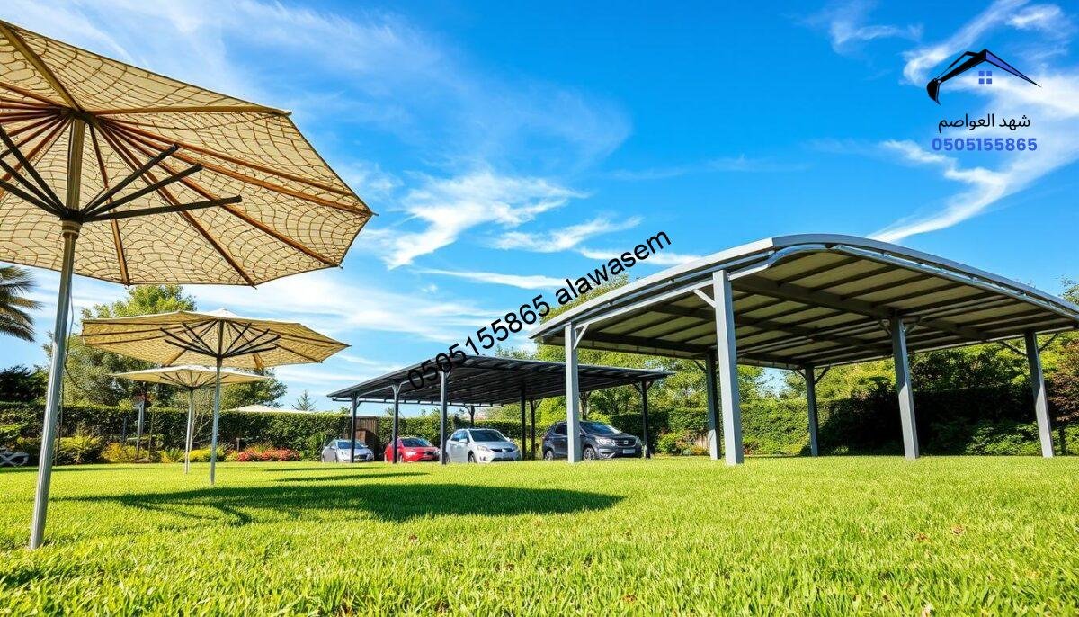 A vibrant outdoor scene featuring a variety of artistic and modern carport canopies in a lush garden setting. In the foreground, showcase intricately designed garden umbrellas, made from durable materials, casting playful shadows on the green grass below. In the middle ground, include stylish structures that highlight the craftsmanship of metalwork, with smooth curves and elegant finishes, proving functional yet artistic utility. The background should display a clear blue sky with soft, wispy clouds, ensuring a bright, inviting atmosphere. Use soft natural lighting to enhance the textures of the materials and create a serene mood. Capture the scene with a slightly elevated angle to provide a comprehensive view of the canopies and their surrounding environment, emphasizing their integration into an aesthetically pleasing landscape. No text or logos should be included.