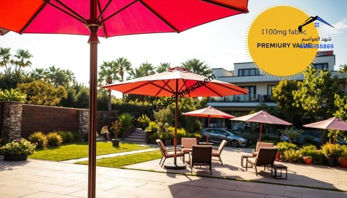 A vibrant outdoor scene featuring high-quality PVC umbrellas, showcasing their elegant design and durability. In the foreground, a large, colorful umbrella is open, displaying its clean lines and solid construction, with the fabric glistening in the sunlight. In the middle ground, several more umbrellas surround a picturesque garden area, where a luxurious patio setup invites relaxation. The background reveals a contemporary residential building, suggesting a blend of nature and modern architecture. The lighting is warm and inviting, highlighting the textures of the umbrella fabric, which is 1100 grams, showcasing its premium quality. The overall mood is sophisticated and peaceful, reflecting the positive impact of these umbrellas on property value.