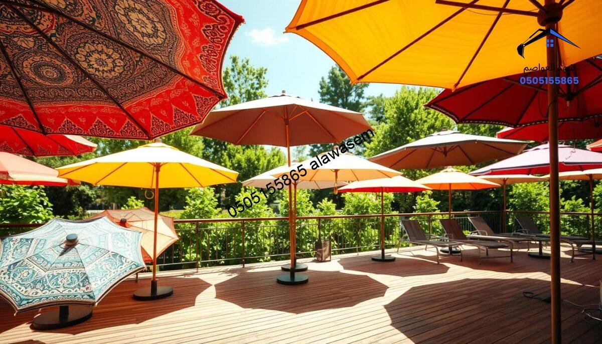 A vibrant outdoor scene showcasing a variety of fabric canopies, specifically designed for rooftops and patios. In the foreground, a bright, colorful assortment of weather-resistant fabric umbrellas in various shapes and sizes, each displaying intricate patterns or solid colors. The middle ground features several neatly arranged umbrellas set against a sunlit deck, casting dappled shadows on the wooden flooring. In the background, a lush garden with greenery enhances the serene atmosphere. The sunlight creates a warm, inviting glow, highlighting the texture of the fabric and the elegance of the umbrella designs. The angle is slightly elevated, giving a comprehensive view that emphasizes the craftsmanship and suitability of these canopies for outdoor spaces. Aim for a relaxed, harmonious mood that showcases their practical application and aesthetic appeal.