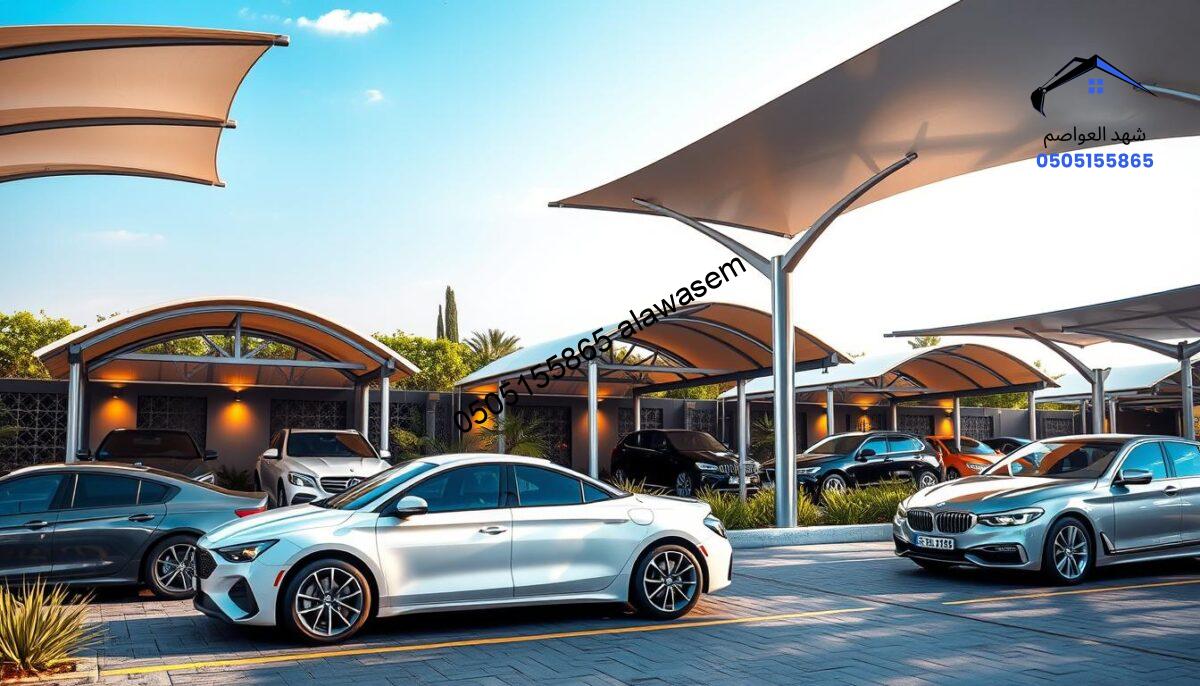 A vibrant outdoor scene showcasing various types of car canopies, or "مظلات السيارات," elegantly displayed in a state-of-the-art installation in Riyadh. In the foreground, include multiple sleek vehicles parked underneath stylish, modern car shades with diverse designs—some arched, others triangular, featuring durable and weather-resistant materials. The middle ground features a lush landscape with decorative plants and ambient lighting, enhancing the inviting atmosphere of this car shelter area. In the background, depict a clear blue sky with soft, natural sunlight casting gentle shadows, creating a serene feel. The image captures a professional and polished aesthetic, emphasizing innovation and functionality, without any distractions or text elements.