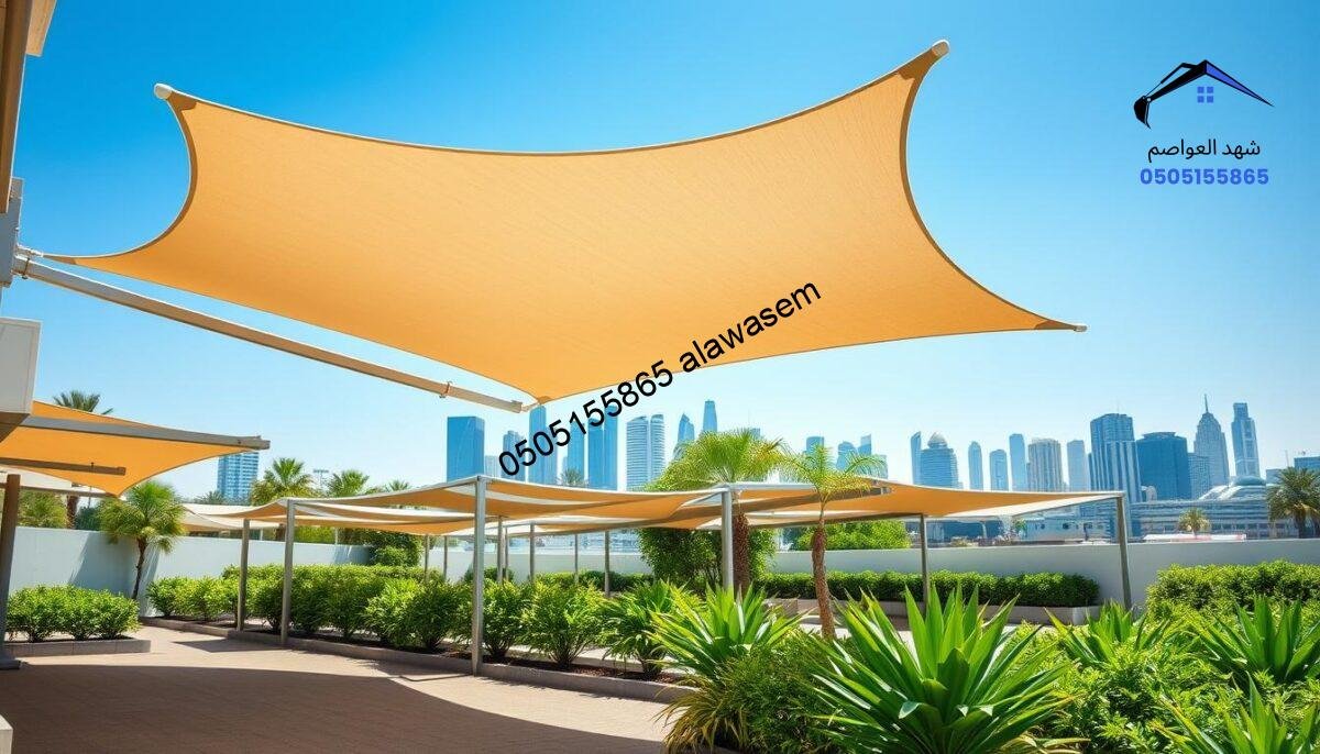 A vibrant outdoor setting in Riyadh showcasing the highest quality shading solutions, including various shades and canopies elegantly installed. In the foreground, display a sleek, modern canopy casting cool shadows over a well-maintained garden, with clean lines and a professional finish. In the middle, feature a row of durable shade structures, exuding durability and style, surrounded by lush green plants. In the background, illustrate the skyline of Riyadh with iconic buildings under a brilliant blue sky, indicating a sunny day. The lighting should be bright and inviting, emphasizing the textures of the materials used for the shade solutions. Capture a sense of reliability and excellence, reflecting the commitment to quality in the shade industry. The angle should be slightly elevated, offering a comprehensive overview of the scene.