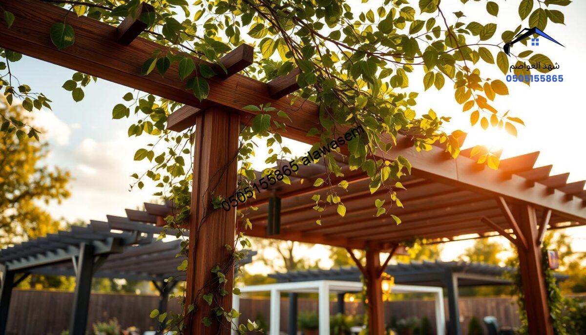 A vibrant outdoor setting showcasing customized pergolas, featuring various designs and materials including elegant wood and sleek metal. In the foreground, a beautifully crafted pergola adorned with climbing vines and soft, ambient lighting creates an inviting atmosphere, perfect for relaxation. The middle ground reveals several other pergolas with different styles, each uniquely tailored for their surroundings and suggesting versatility in design. In the background, a clear sky with warm, golden sunlight filters through the leaves, enhancing the peaceful mood. The scene captures a harmonious blend of nature and architecture, emphasizing the craftsmanship and aesthetic appeal of customized structures. The composition should be well-lit, focusing on the textures and details of the pergolas from a slightly elevated angle, inviting the viewer to envision these structures in their own outdoor spaces.