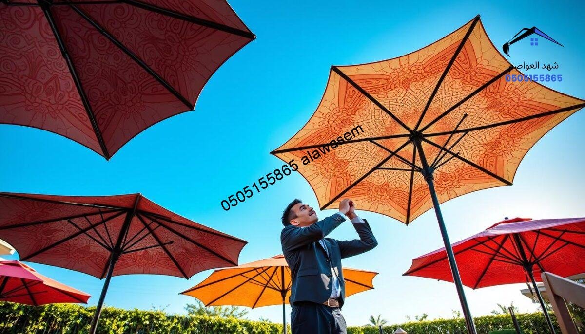 A vibrant scene showcasing dynamic, colorful canopies in motion, set against a clear blue sky. In the foreground, elegant, modern retractable umbrellas are open, displaying intricate patterns and textures that highlight their functionality. In the middle ground, a professional technician in smart casual attire is actively adjusting the mechanisms of one of the umbrellas, demonstrating the installation process. The background features a sunny outdoor setting such as a patio or garden, with greenery and soft lighting that creates a welcoming atmosphere. The camera angle captures the scene from a slightly elevated perspective, emphasizing both the umbrellas and the technician engaged in their work, conveying a sense of professionalism and expertise in canopy installation.