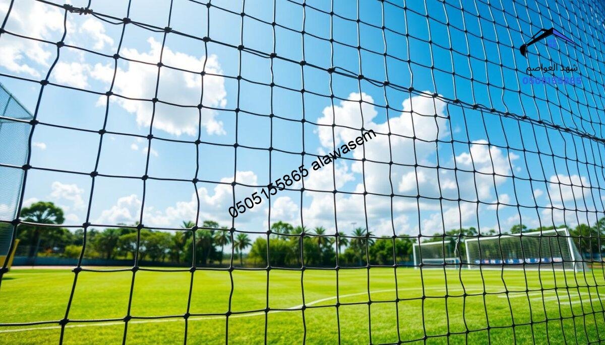 A vibrant sports field surrounded by a high-quality sports fence, known as "شبوك رياضية." In the foreground, feature the strong, durable netting with visible lattice patterns and sturdy posts, emphasizing its protective qualities. In the middle ground, include a well-maintained soccer field with bright green grass and clear white lines, showcasing an inviting atmosphere for athletes. In the background, highlight a clear blue sky with fluffy white clouds, casting soft, natural lighting upon the scene. The angle should be slightly elevated, giving a panoramic view of the entire area, creating a sense of energy and excitement, suitable for a lively sports environment. The overall mood is energetic and professional, reflecting the advantages of using fencing structures in sports venues.