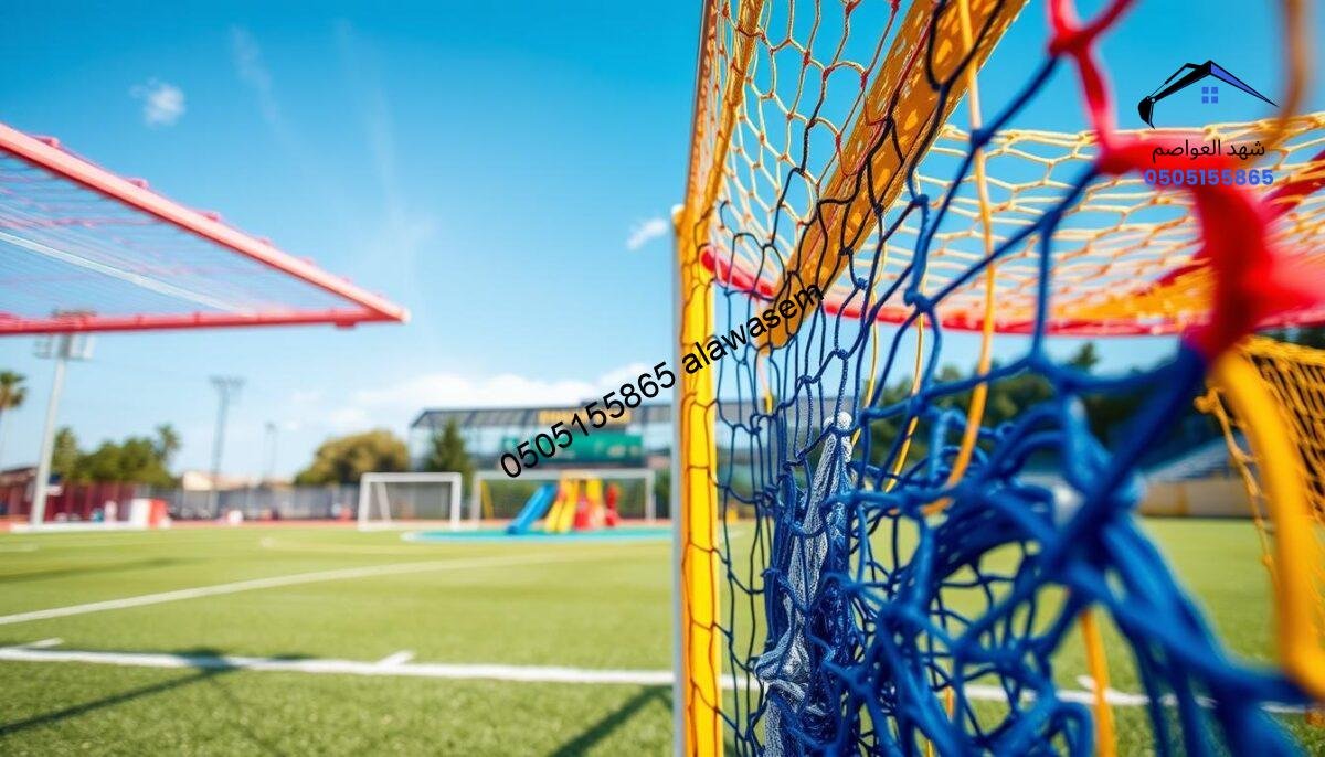 A vibrant sports field surrounded by protective netting, showcasing various types of "شبوك ملاعب" (sports nets) in a well-lit environment. In the foreground, colorful goal nets designed for soccer and basketball, displaying intricate patterns and textures. The middle ground features a playground area with layered safety nets, emphasizing their durability and versatility. In the background, a clear blue sky showcasing sunlight streaming through, casting dynamic shadows on the ground. The atmosphere conveys a sense of safety and excitement, ideal for sports events. The angle is slightly elevated, providing a comprehensive view that captures the essence of innovative netting solutions. No people are present; the focus remains on the nets and the surrounding environment.