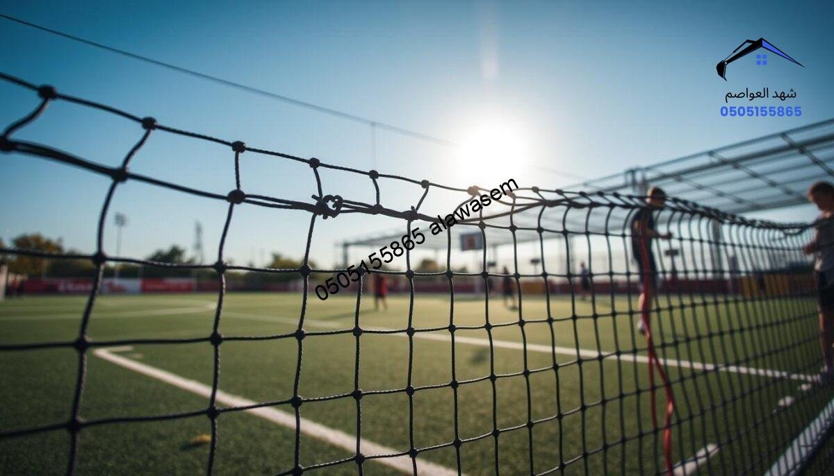 A vibrant sports field with various types of sports nets prominently displayed. In the foreground, showcase a selection of high-quality fencing nets for soccer, basketball, and volleyball, clearly defined with intricate details showing the weave of the material. The middle ground features a well-maintained sports facility, bustling with activity, where players practice and train. In the background, a bright blue sky enhances the scene, casting soft natural light over the elongated shadows of the nets. Capture this from a slight low angle to emphasize the height and tension of the nets, creating a sense of energy and professionalism. The atmosphere is lively and dynamic, reflecting a dedication to sports and athletic excellence. No text or watermarks are present in the image.