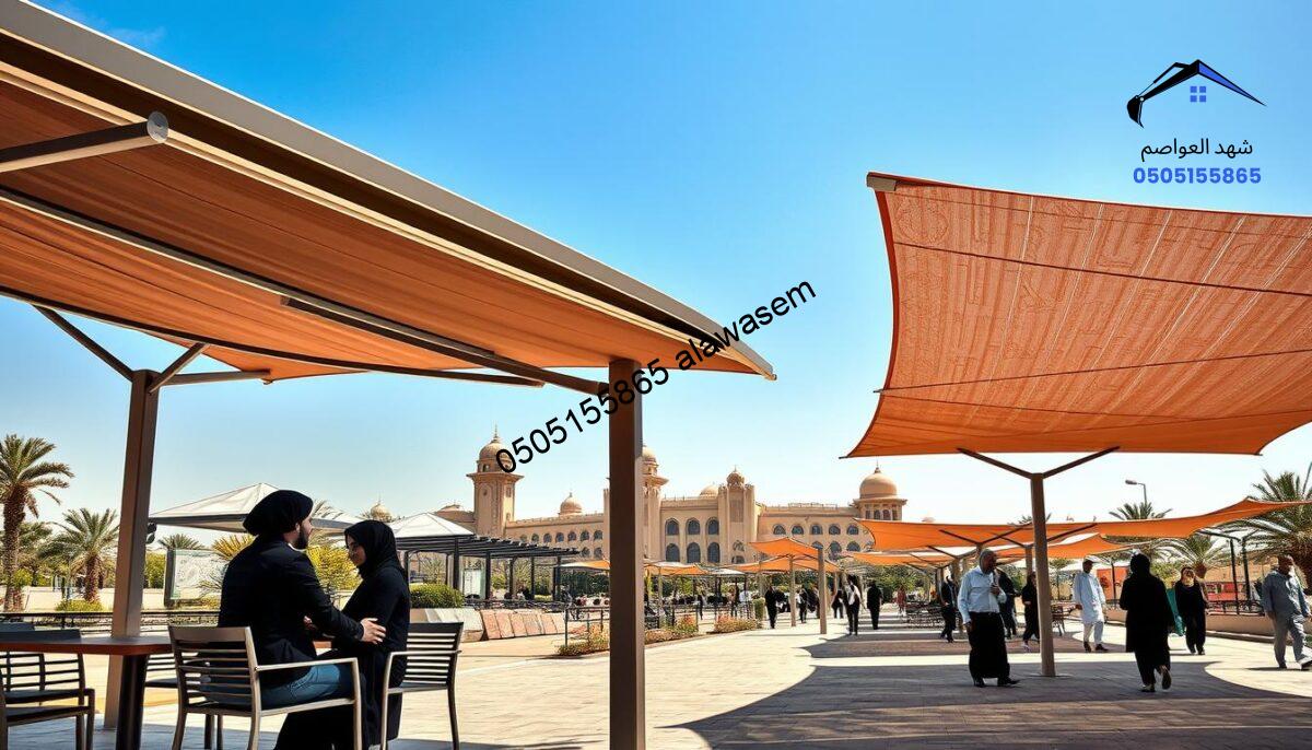 A vibrant urban landscape in Riyadh showcasing a series of sturdy, modern shade structures (مظلات وسواتر) designed to withstand the region's harsh climate. In the foreground, focus on intricately designed, durable shade canopies with sleek lines and various colors, providing shade over an outdoor seating area with stylish, modestly dressed professionals engaged in a conversation. In the middle ground, display rows of these robust shades lining a bustling walkway, with people strolling by. The background features iconic Riyadh architecture under a bright, clear blue sky, highlighting the contrast between the structures and the arid environment. Soft, natural sunlight casts dynamic shadows, enhancing the visual depth and creating a warm, inviting atmosphere. Aim for a realistic and professional depiction.